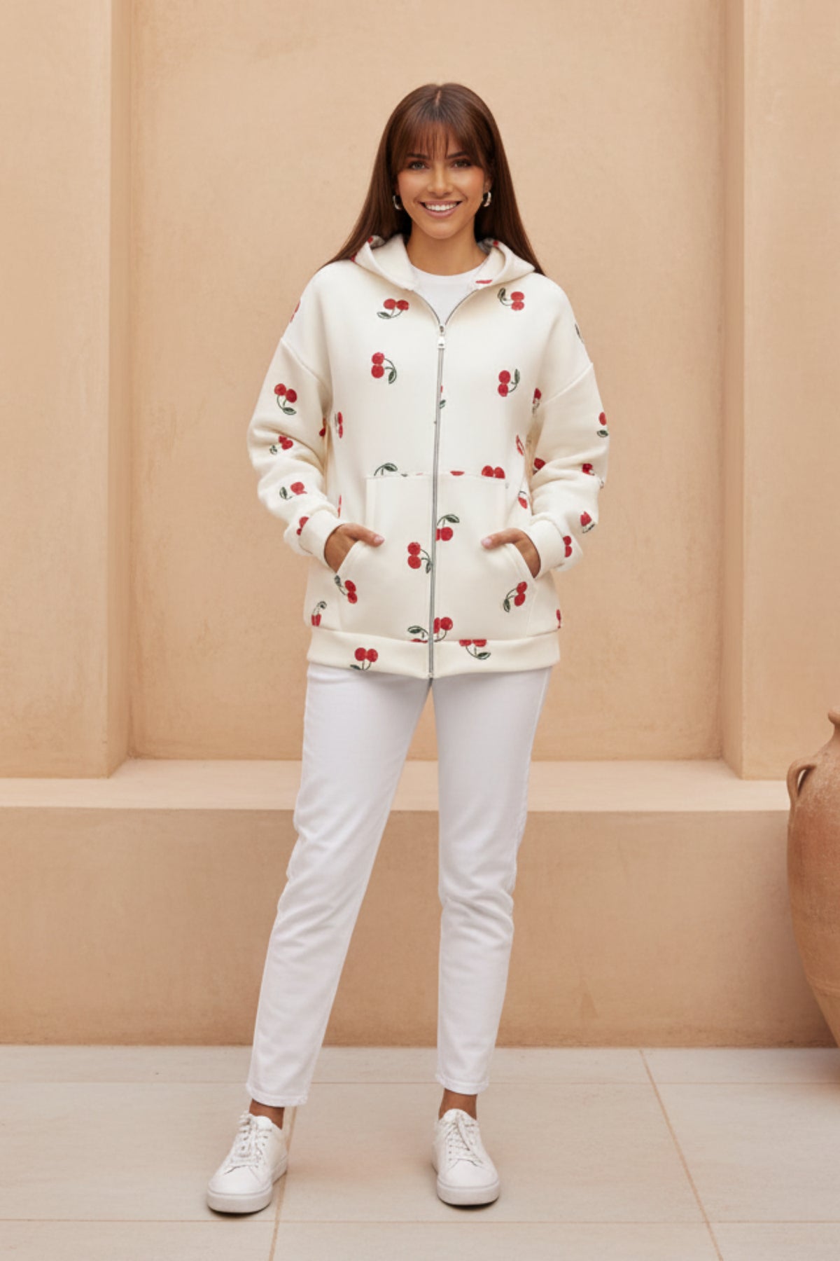 Women Cherry Print Zip-Up Hoodie