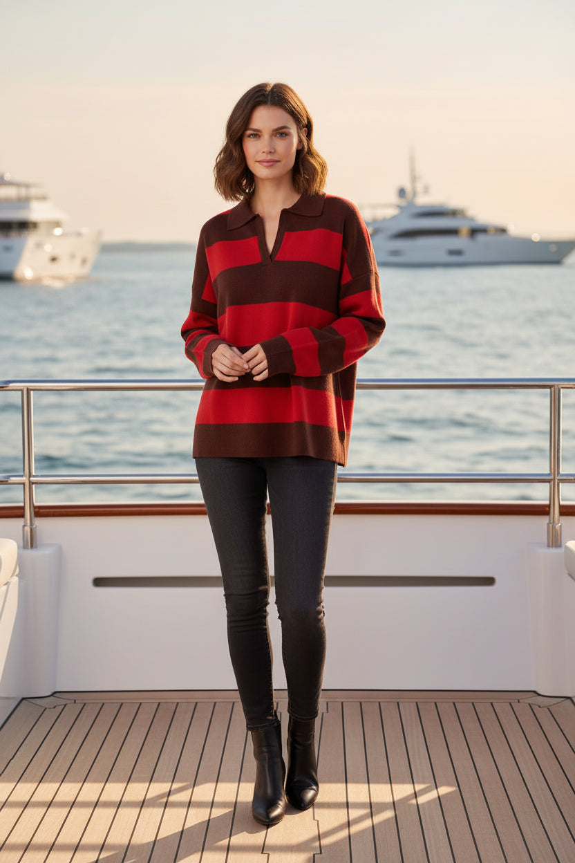 Womens Striped Knit Polo Sweater