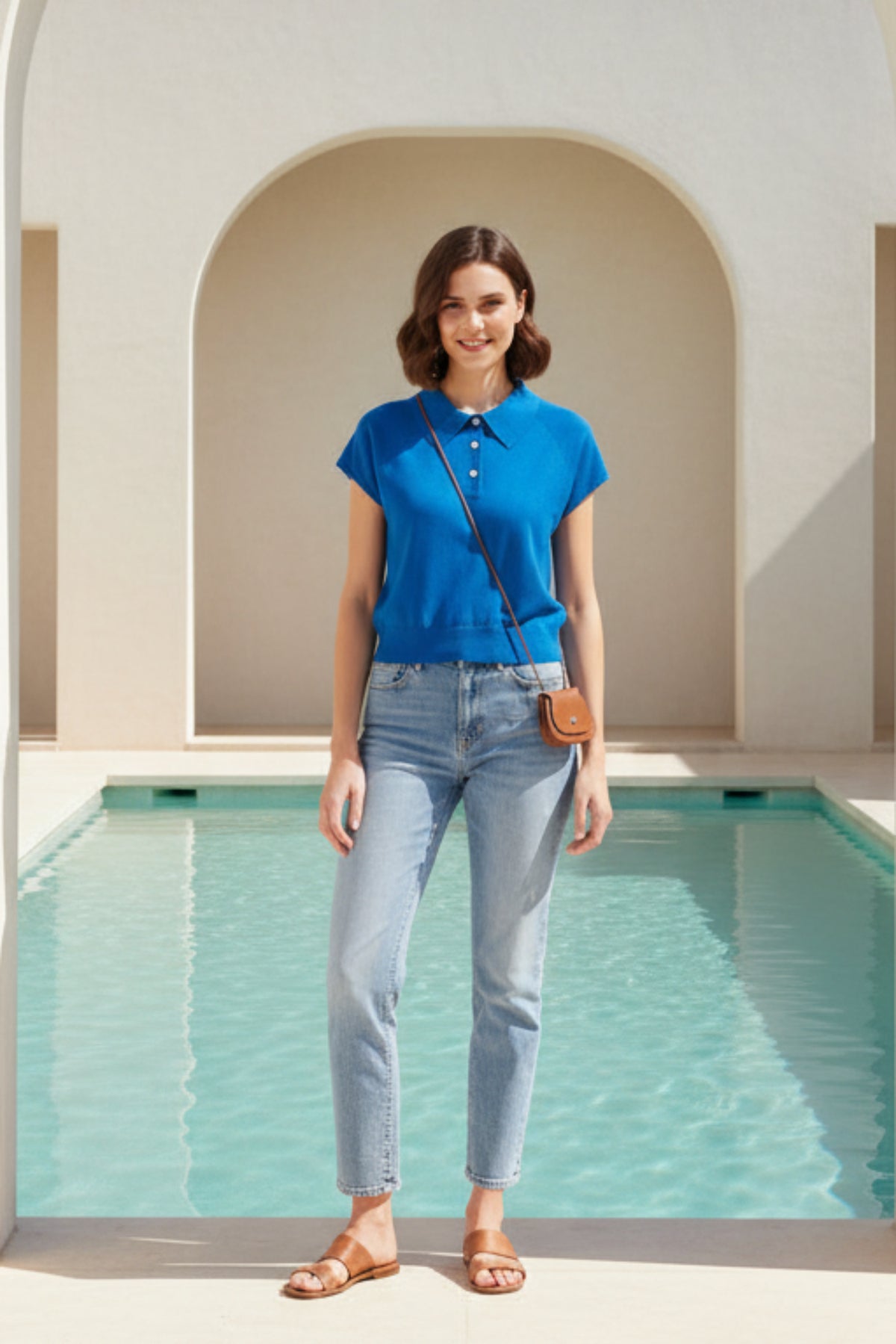 Women Ribbed Cropped Polo Knit