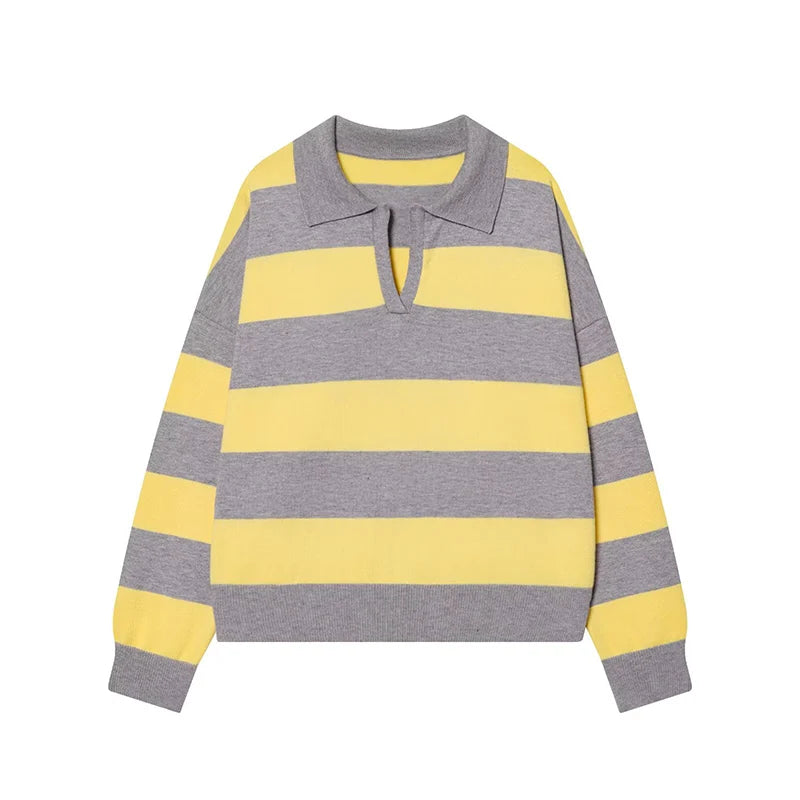 Womens Striped Knit Polo Sweater