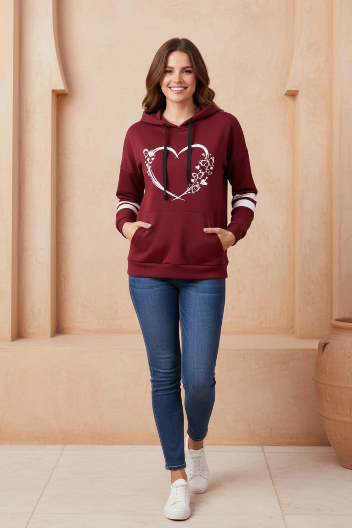 Women Heart Print Casual Hoodie