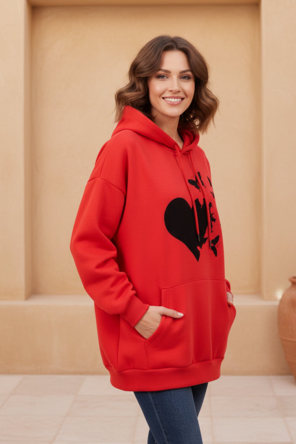 Women Heart Print Casual Hoodie