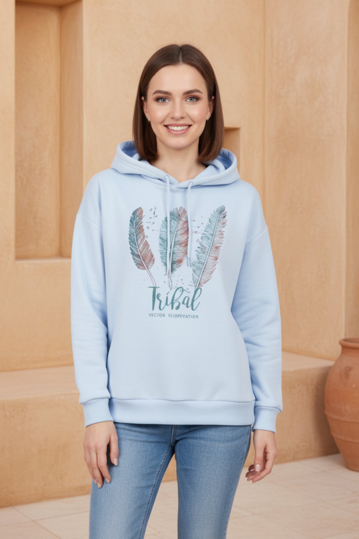 Women Feather Print Fleece Hoodie