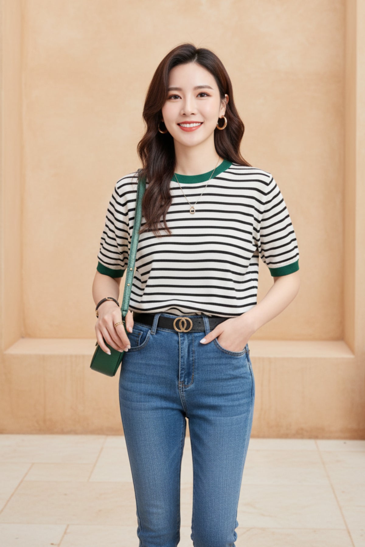 Women Striped Knit Round Neck T-Shirt