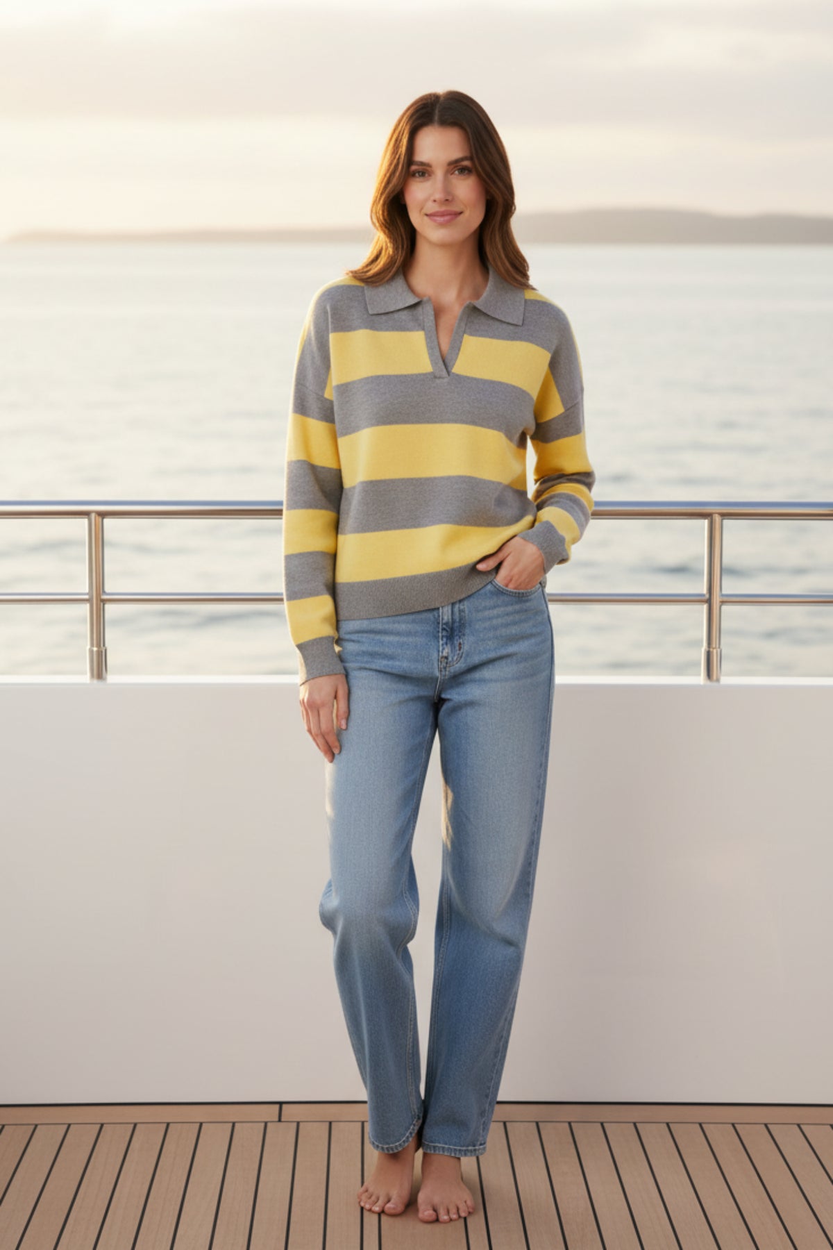 Womens Striped Knit Polo Sweater