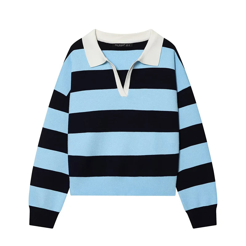 Womens Striped Knit Polo Sweater