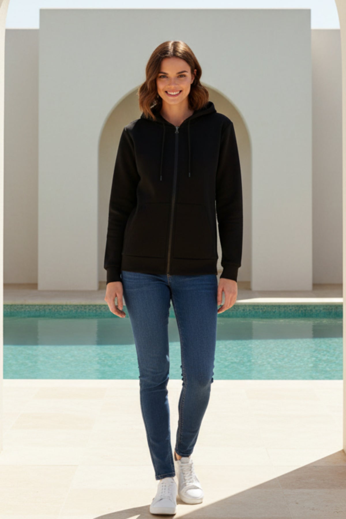 Women Solid Zip-Up Hoodie