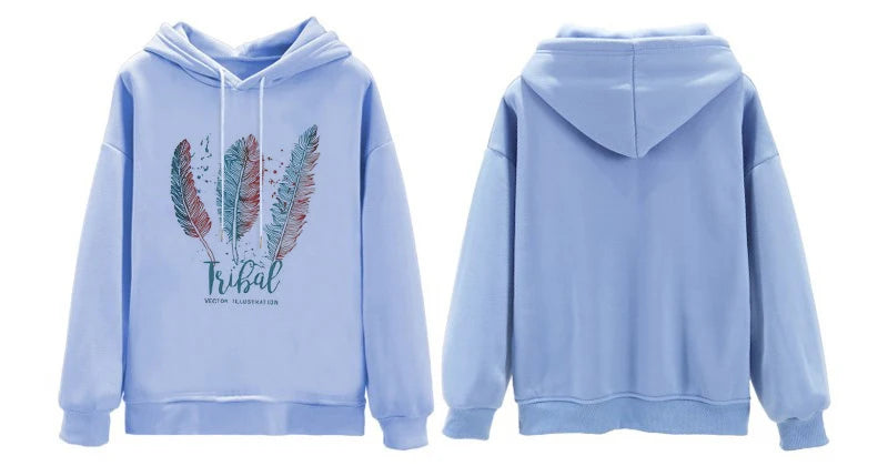 Women Feather Print Fleece Hoodie