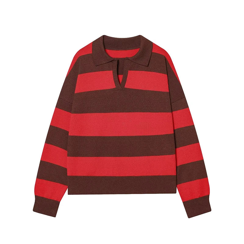 Womens Striped Knit Polo Sweater
