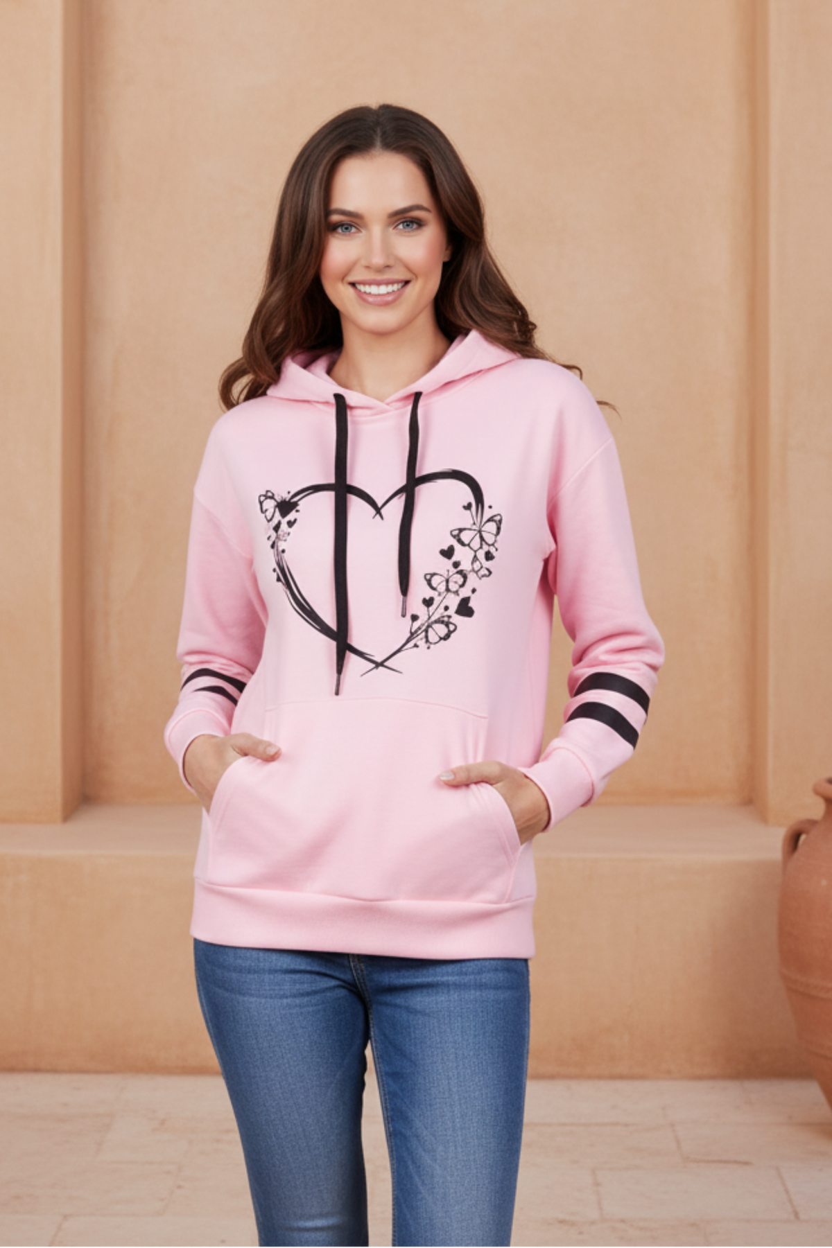 Women Heart Print Casual Hoodie