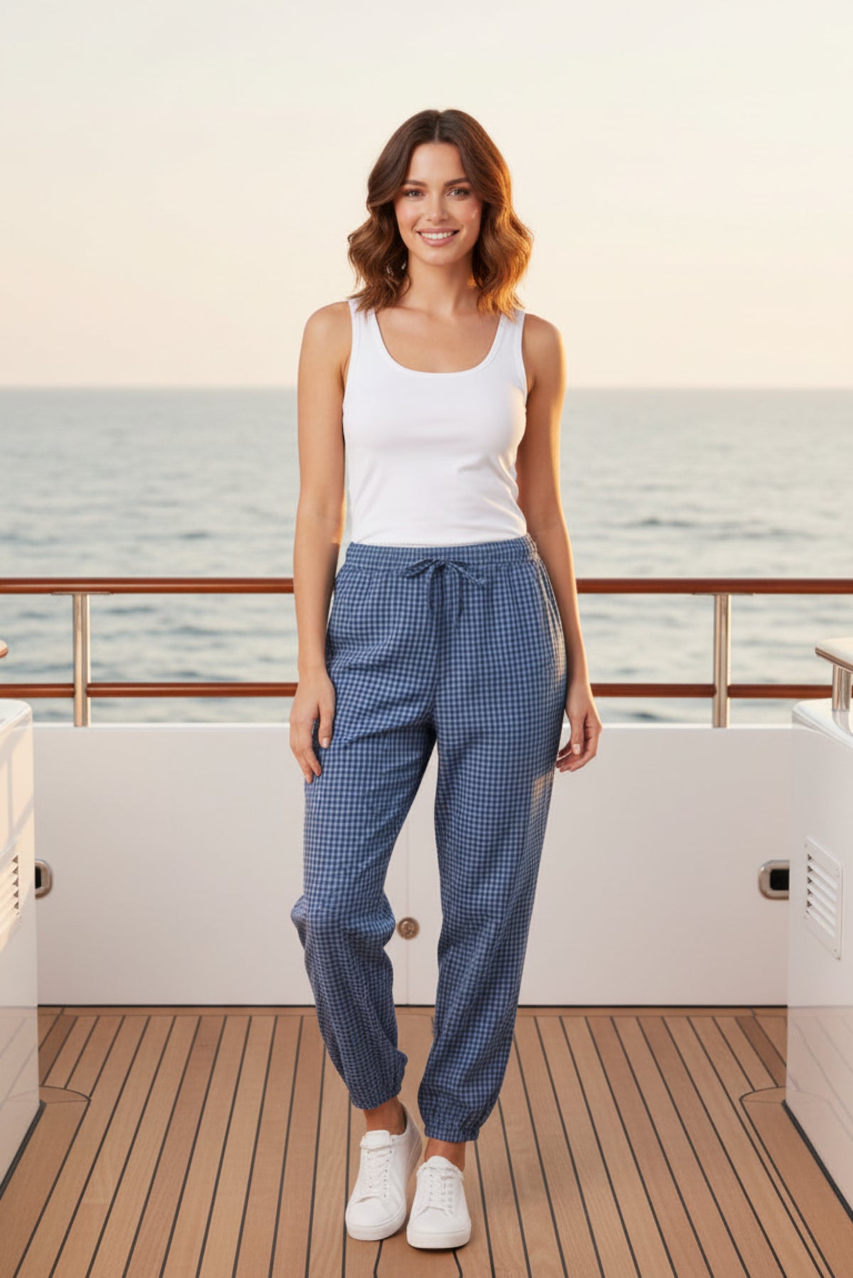 Women Plaid Drawstring Wide-Leg Pants