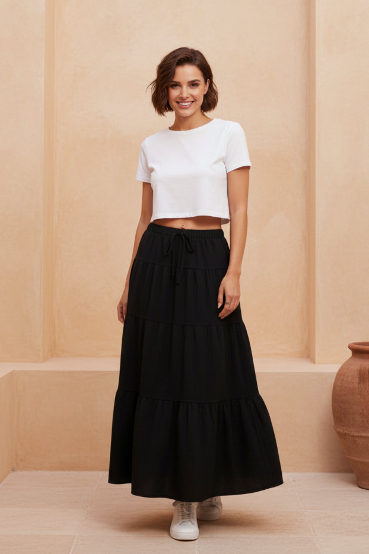 Women Tie-Strap Flared Maxi Skirt