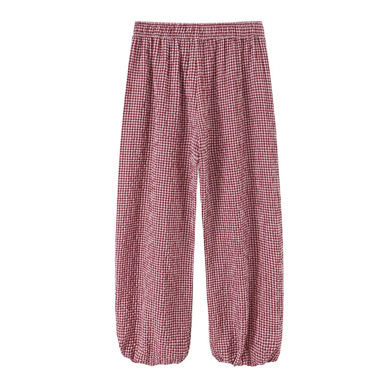 Women Plaid Drawstring Wide-Leg Pants
