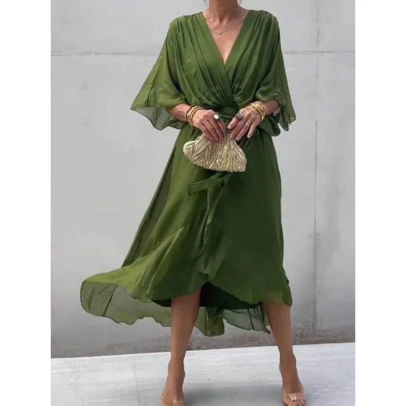 Women Green Chiffon V-Neck Dress