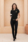 Women Rose Print Contrast Polo Shirt